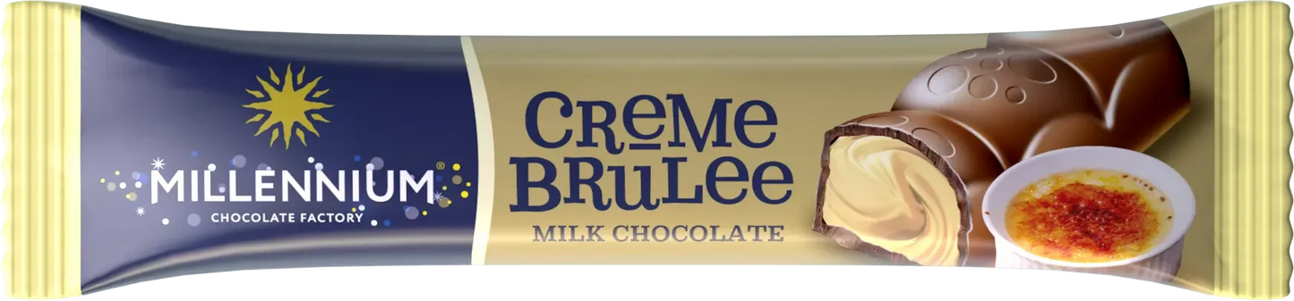 Молочний з начинкою батончик Millennium "Millennium Creme Brulee" від Millennium, на обгортці якого зображений молочний шоколад з кремовою начинкою та десерт крем-брюле.