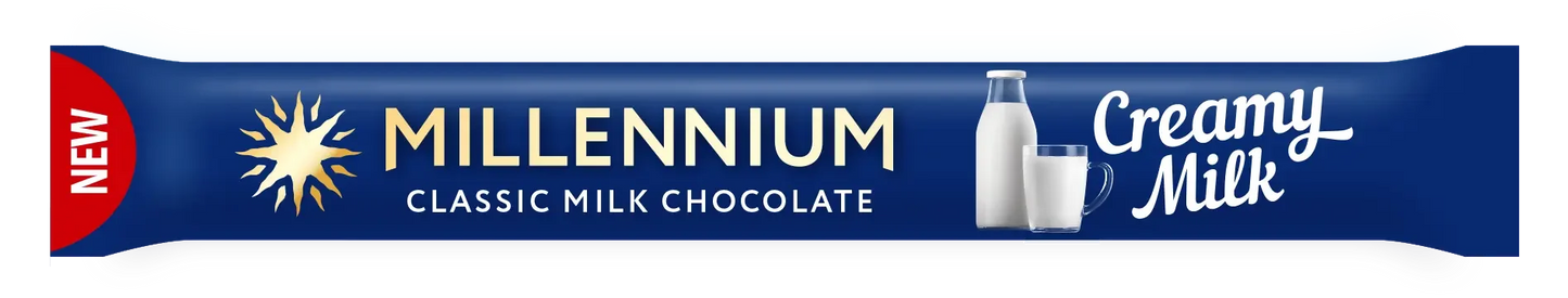 На блакитній обгортці Millennium Chocolate молочний зображено золотий логотип "CREAMY Milk", скляну пляшку та склянку молока, червону етикетку NEW зліва та напис "молочний шоколад 10 г".