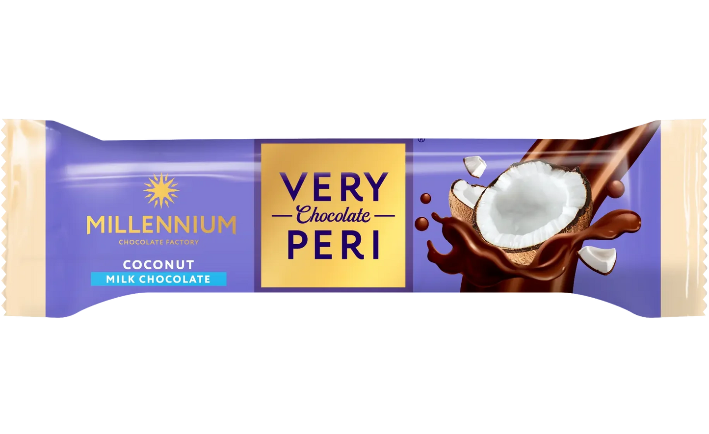 Шоколад Millennium Very Peri молочний - з начинкою та кокосом від Very Peri випускається у фіолетово-бежевій обгортці, на якій спереду зображено краплину шоколаду та розрізаний навпіл кокосовий горіх зі шматочками кокосової стружки.