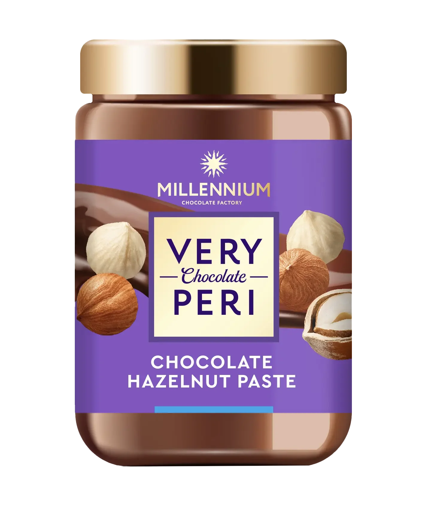Баночка 230 г горіхово-шоколадної пасти Very Peri "Millennium Very Peri" із золотистою кришкою та фіолетовою етикеткою, на якій зображені лісові горіхи, шоколадні завитки та брендування продукту.