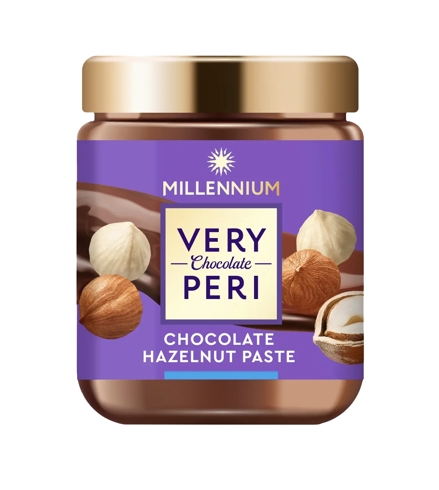 Баночка 150 г Пасти горіхово-шоколадної "Millennium Very Peri" (Very Peri) з фіолетовою етикеткою із зображенням лісових горіхів, золотистою кришкою, назвою продукту та шоколадним вихором на задньому плані.