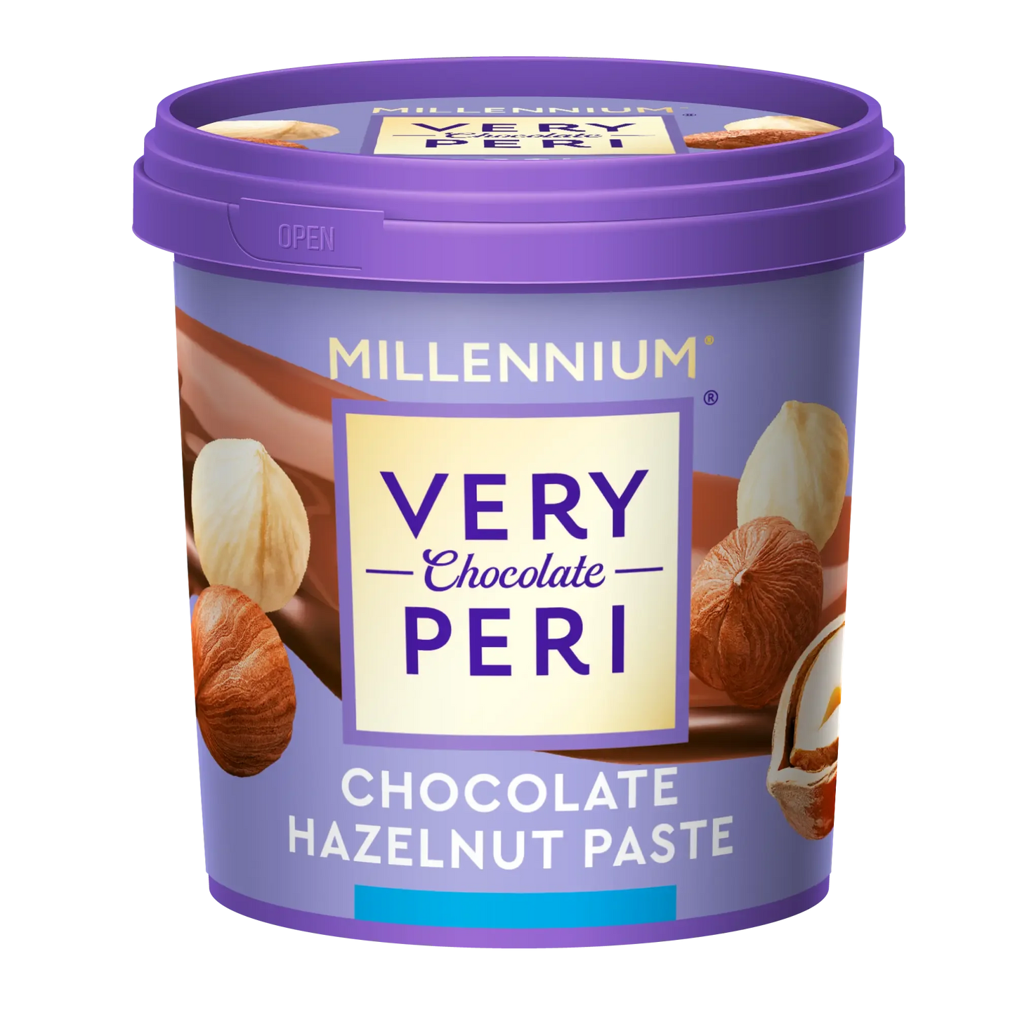 Паста горіхово-шоколадна "Millennium Very Peri" від Very Peri вагою 500 г на фіолетовій упаковці із зображенням фундука та шоколаду та відповідною фіолетовою кришкою.