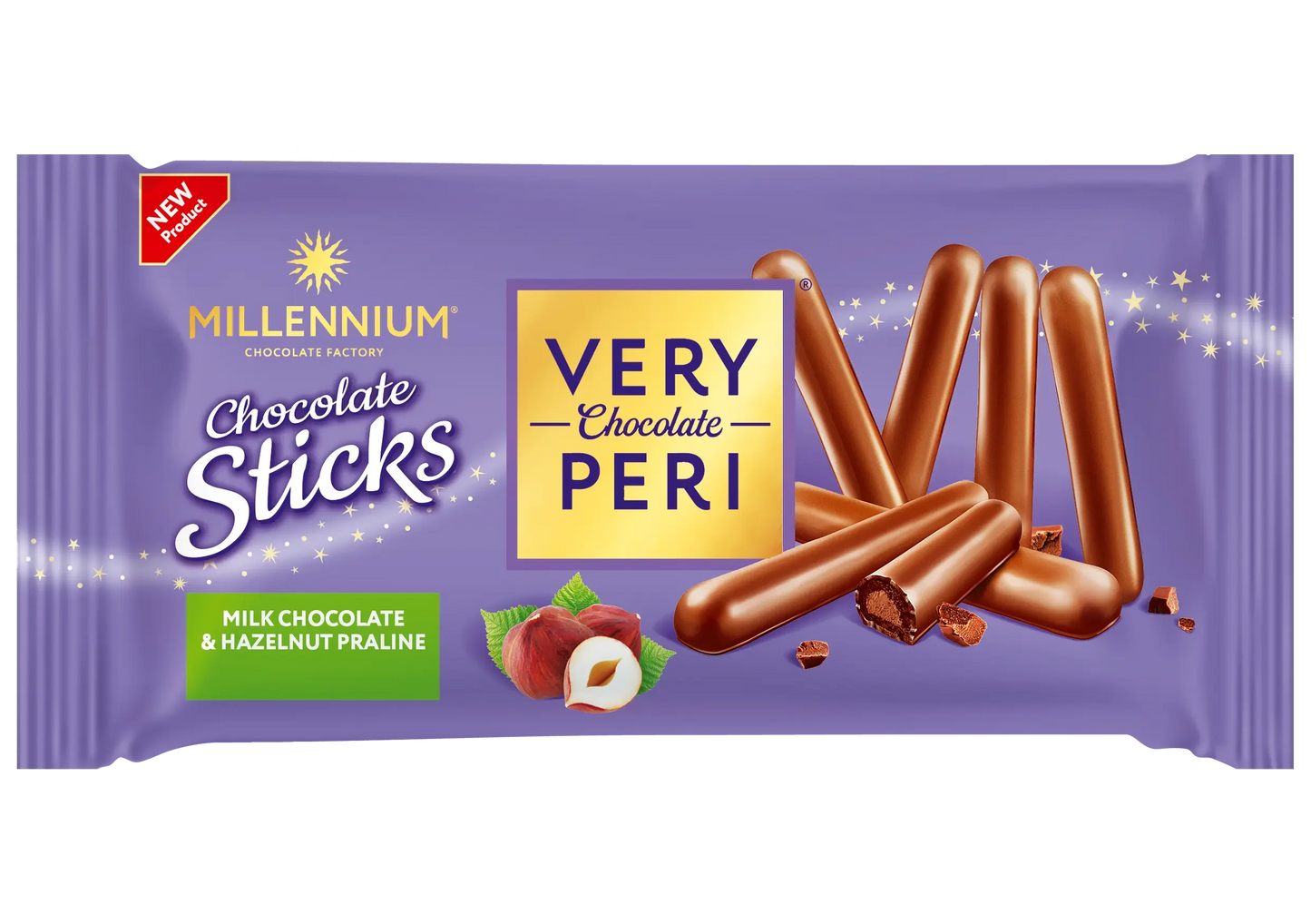 Фіолетова упаковка Very Peri Вафельні злакові трубочки з какао "Millennium Very Peri" - з начинкою праліне в молочному шоколаді, із зображенням шоколадних паличок, вафельних трубочок та лісових горіхів на лицьовій стороні.