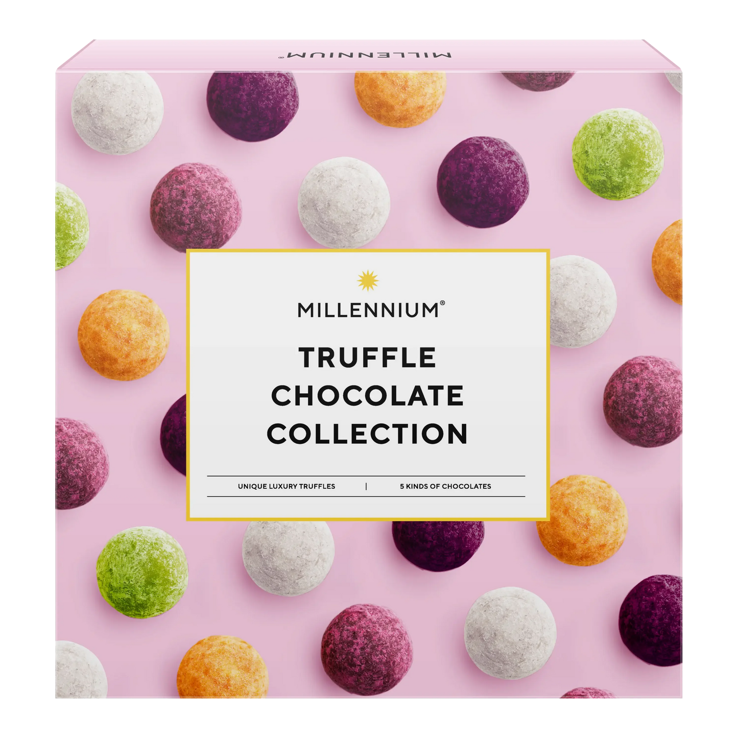 Рожева коробка з етикеткою Millennium "Luxury Truffle" Асорті by Millennium містить трюфелі в шоколаді білого, помаранчевого, зеленого та фіолетового кольорів, пропонуючи вишукані витребеньки з темного та молочного шоколаду в преміальному дизайні.