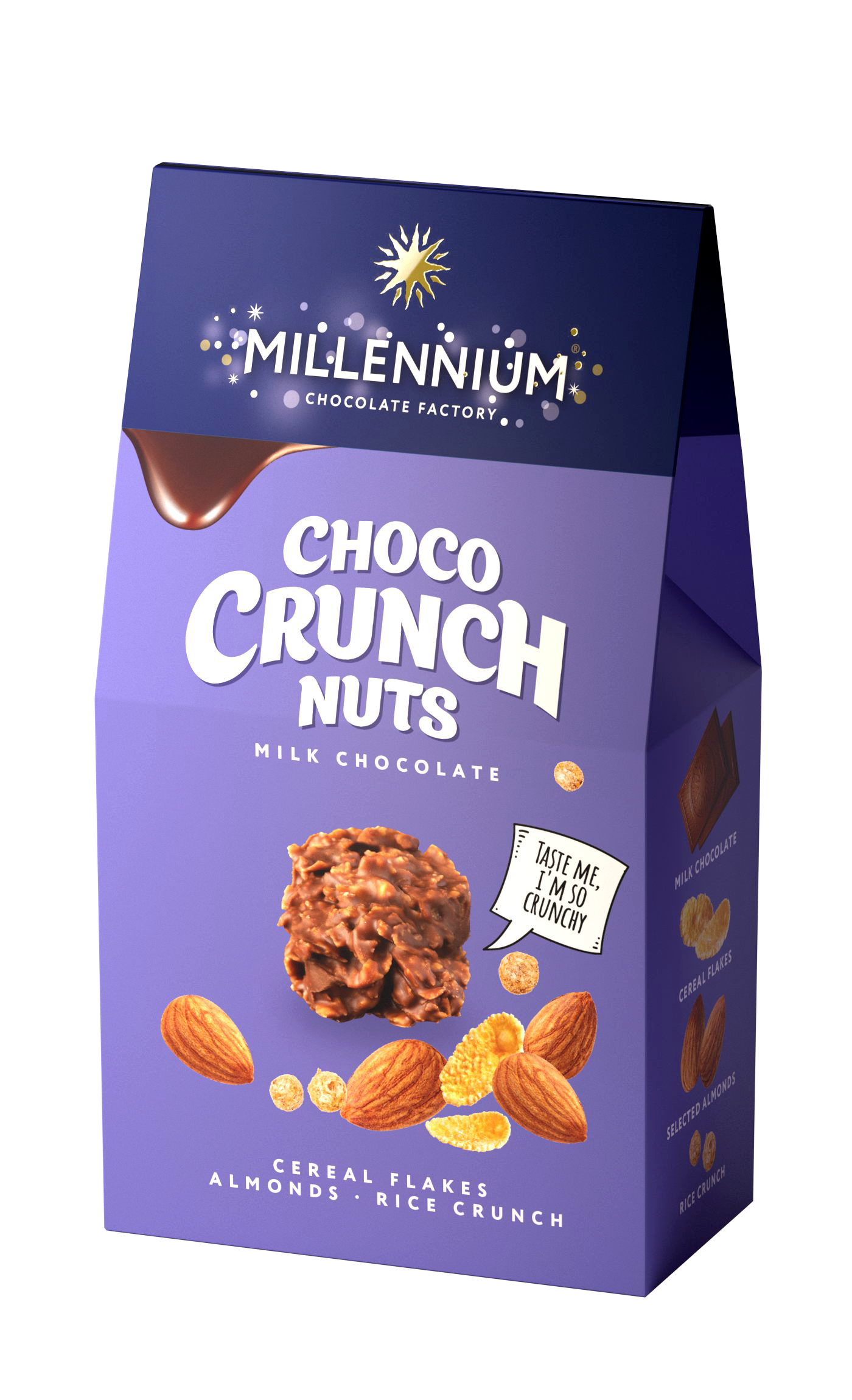 Chocolate sweets «Millennium Сhoco Crunch» milk with peanut, almond and rice crunch