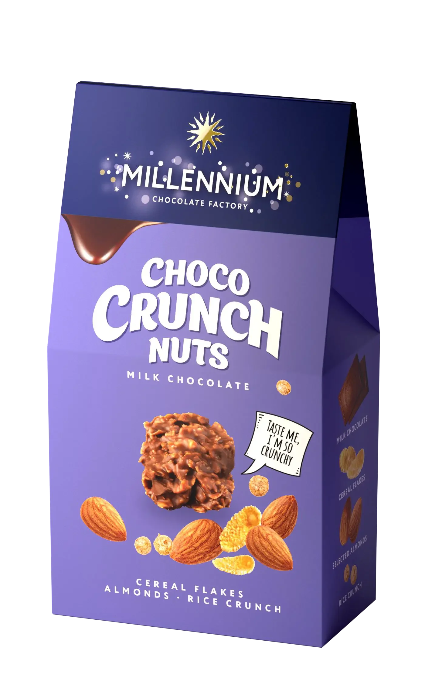 Фіолетова коробка Millennium Цукерки шоколадні "Choco Crunch" молочні з арахісом, мигдалем та рисовими кульками, з зображенням шоколадного кластеру та хрусткими інгредієнтами, підкреслює хрустку текстуру продукту.