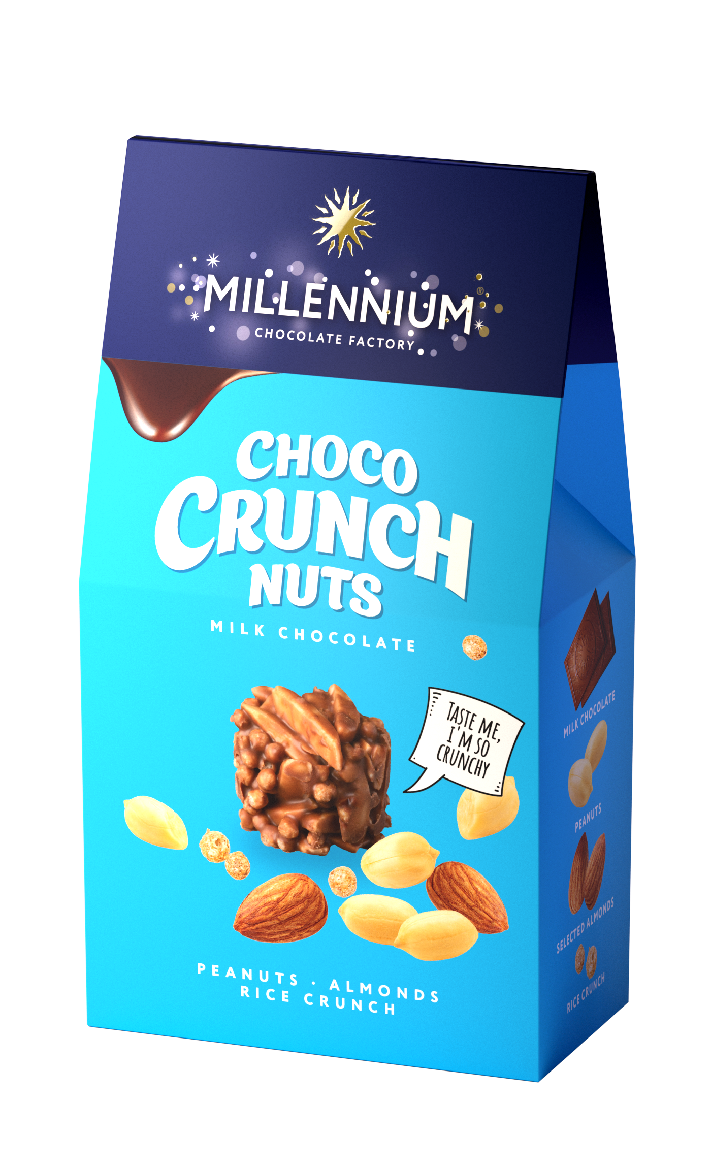 Chocolate sweets «Millennium Сhoco Crunch» milk with almond, cereal flakes and rice crunch