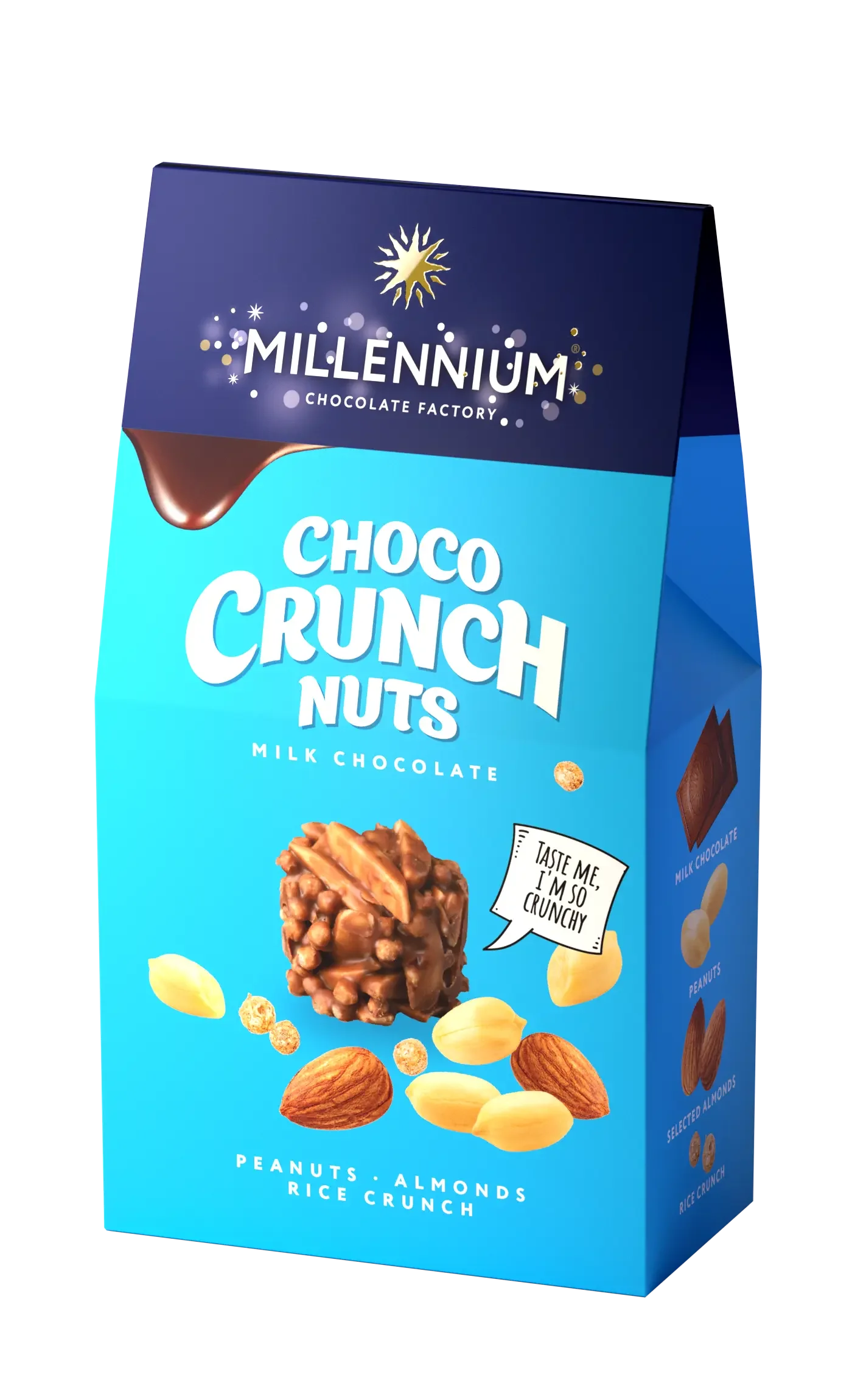 Синьо-фіолетова коробка Millennium цукерки шоколадні "Choco Crunch" молочні з мигдалем, злаковими пластівцями та рисовими кульками, що демонструє хрустку текстуру та смачні інгредієнти.