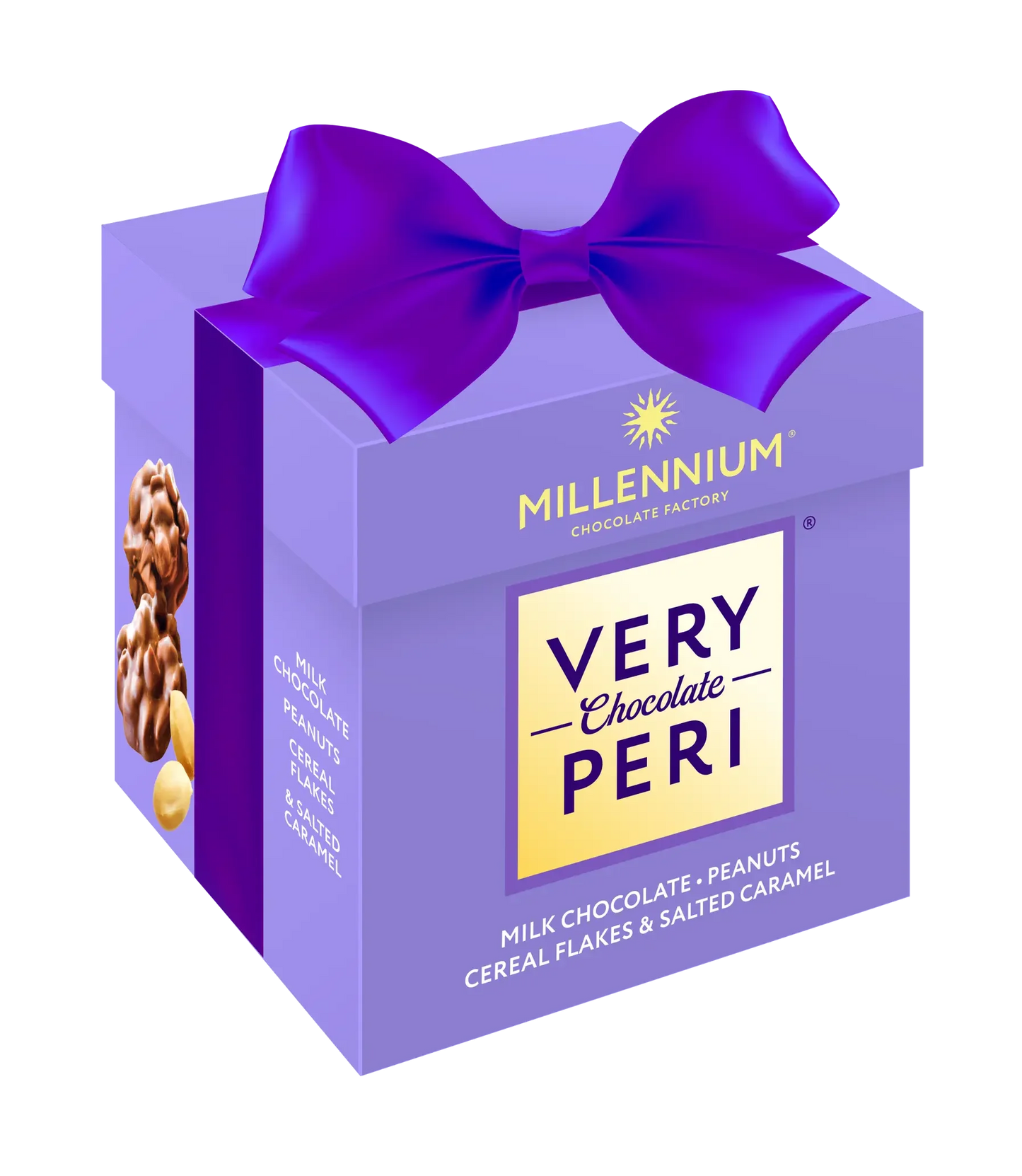 Фіолетова подарункова коробка Very Peri цукерки шоколадні "Millennium Very Peri" молочні - з арахісом, родзинками, злаковими пластівцями та солоною карамеллю, з великим атласним бантом та зображеннями ласощів збоку.