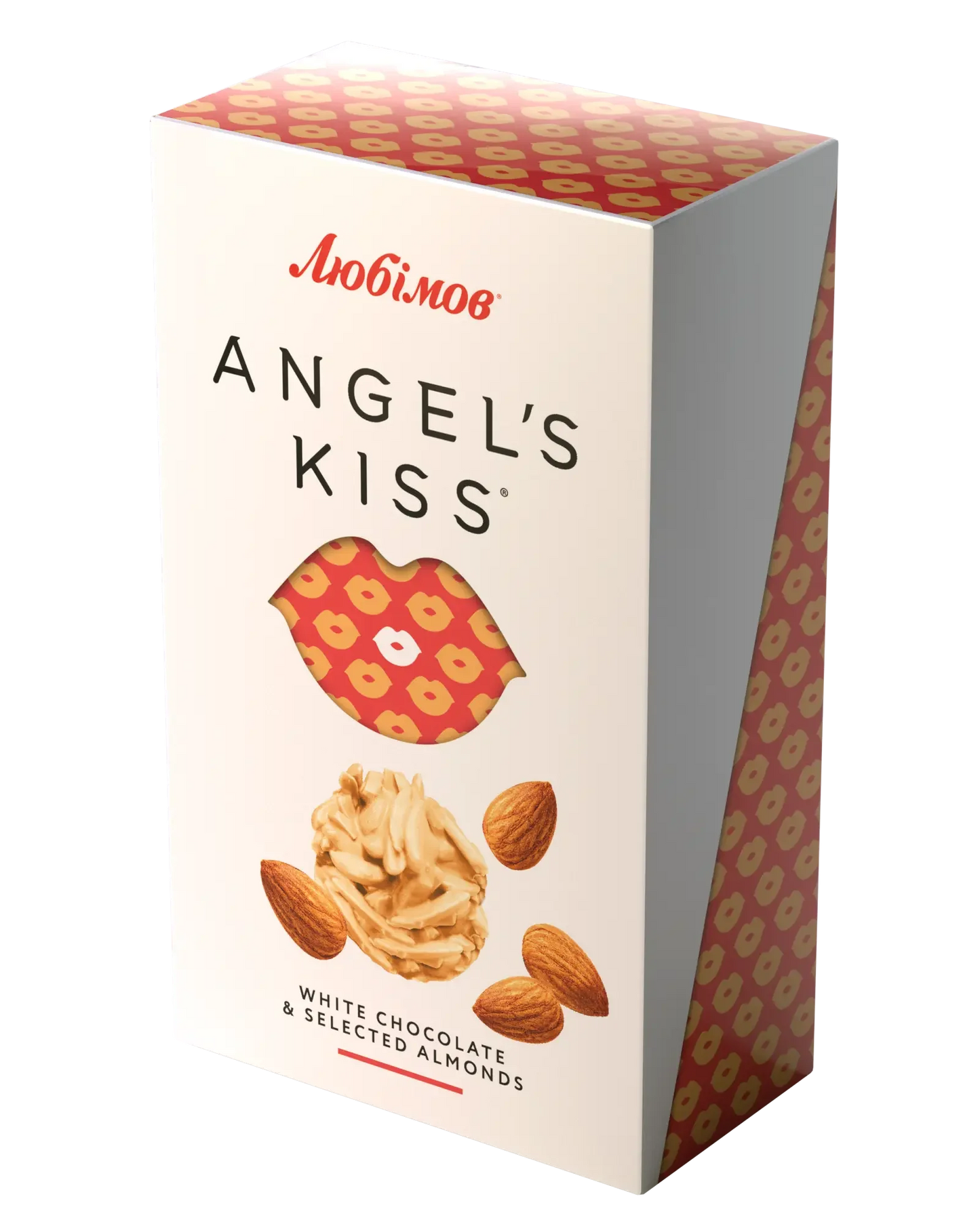 Коробка цукерок Любімов Angel's Kiss біла з мигдалем, рисовими кульками, кокосовою стружкою має вирізані губи з візерунчастим дизайном, а також зображення шоколаду та мигдалю з маркуванням англійською та російською мовами.