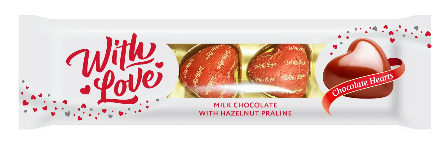 Коробка цукерок "Любiмов" - молочний шоколад з горіховим праліне, з написом "З любов'ю" червоного кольору, прикрашена сердечками та зображенням шоколадного серця праворуч.