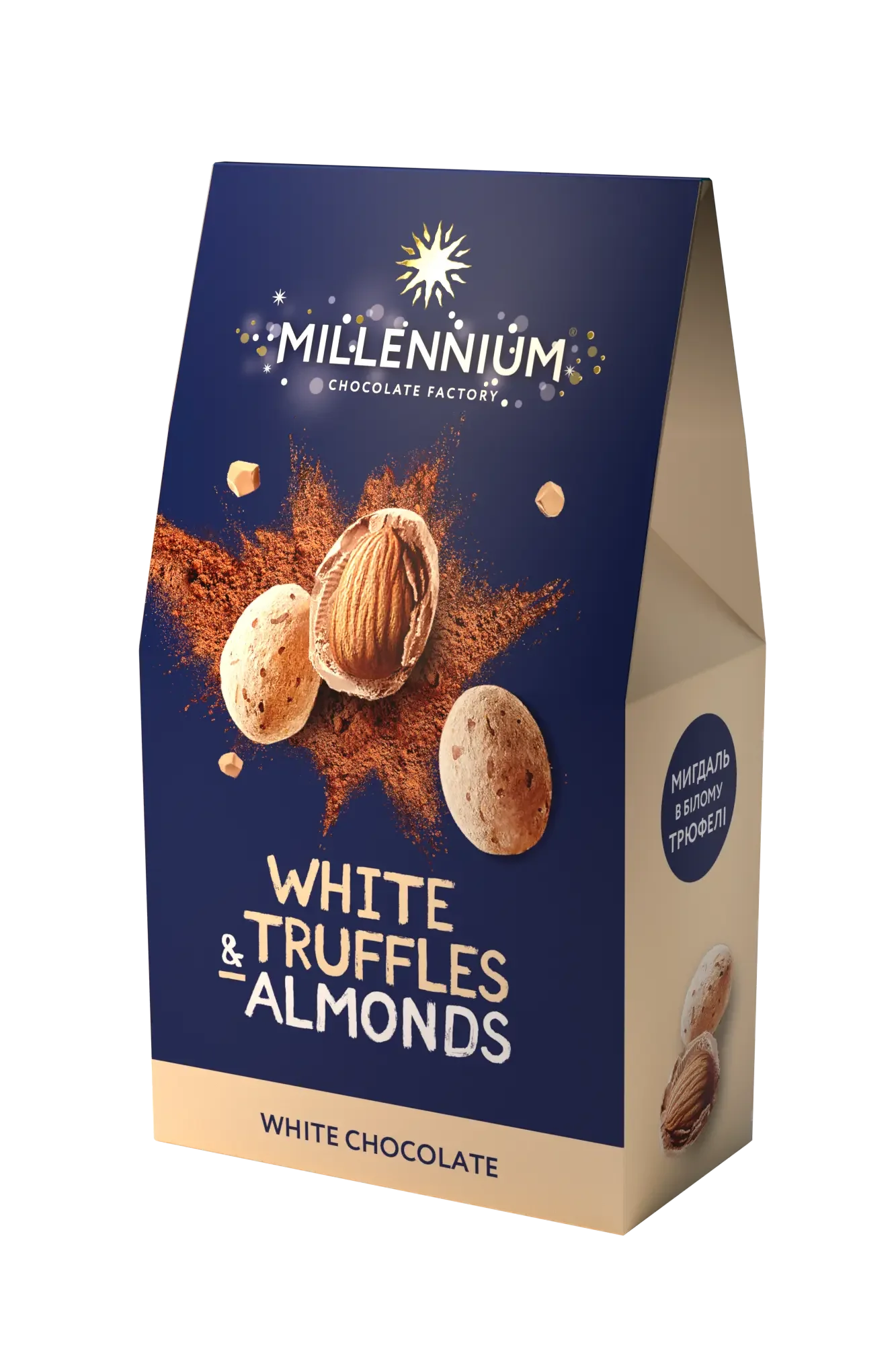 Синьо-бежева коробка Millennium Цукерки "Білий TRUFF" із зображенням мигдалю та білого трюфелю, біло-золотим текстом, бризками какао-порошку та натяком на кремову текстуру на лицьовій стороні.