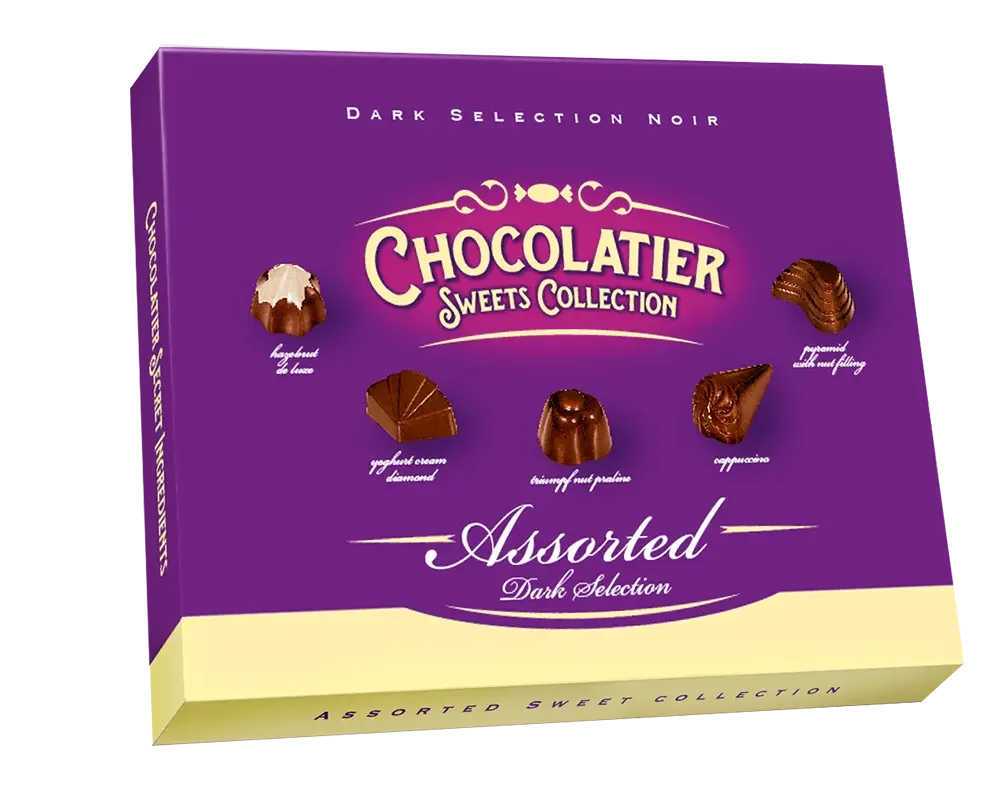 Фіолетово-жовта коробка з написом CHOCOLATIER містить цукерки "CHOCOLATIER" в асортименті - шість асорті темного шоколаду з золотистими акцентами, що ідеально підходять для подарункових цукерок в коробці.