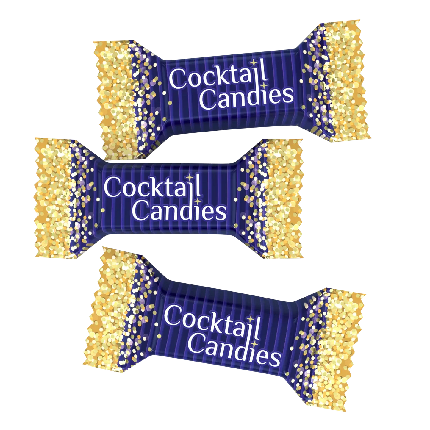 Три цукерки Millennium "Coctail Candy" у блакитній обгортці із золотистими блискучими кінчиками розташовані по діагоналі на білому тлі.