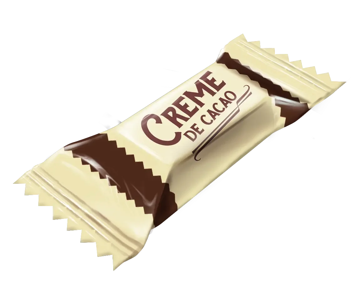 Millennium Цукерки "Crème de Cacao" 1кг має коричневі літери на кремово-коричневій упаковці, виділені на білому фоні, з шоколадною начинкою та ароматом какао.