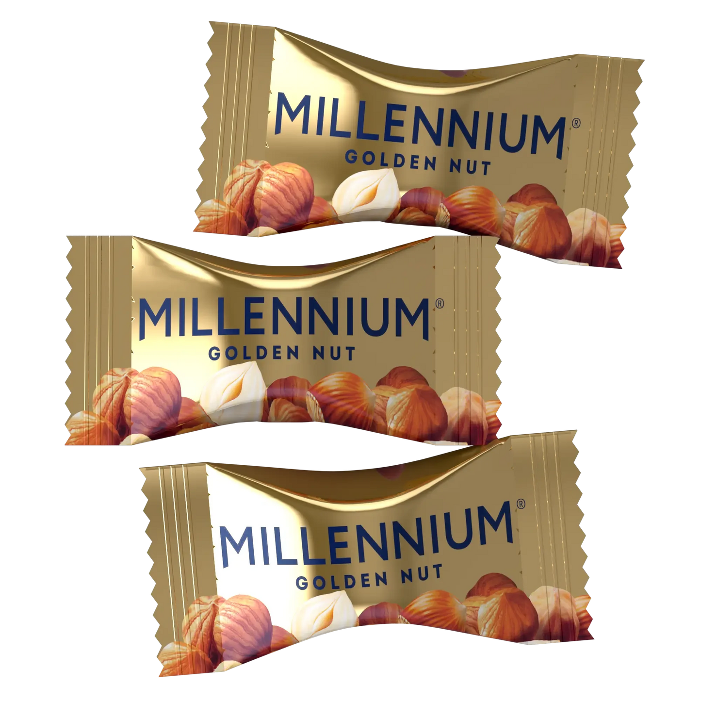Зображено три шоколадні цукерки Millennium "Золотий горіх" у золотій обгортці з начинкою та цілими горіхами, на кожній з яких зображено фундук на упаковці та логотип бренду Millennium.