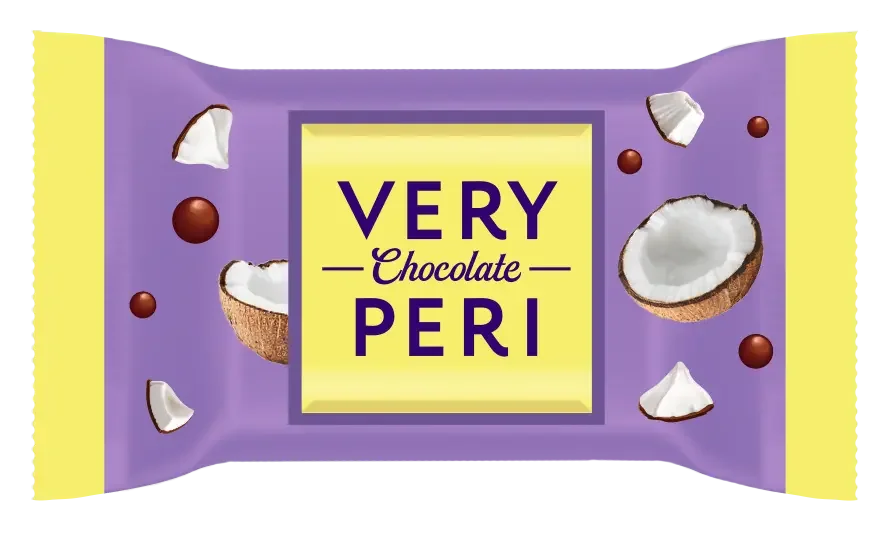 Фіолетово-жовта обгортка з написом Very Peri із зображенням шоколаду та кокосу говорить про те, що Цукерки Millennium Very Peri - з кокосовою начинкою 1кг пропонують молочний шоколад з кокосовою начинкою.