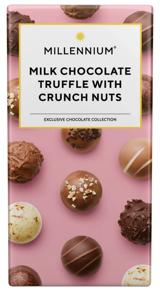 На обгортці Шоколад "Millennium" молочний з начинкою зображено асорті трюфелів та горіхів на рожевому тлі, що підкреслює ексклюзивну колекцію Millennium та її вершково-молочну начинку.