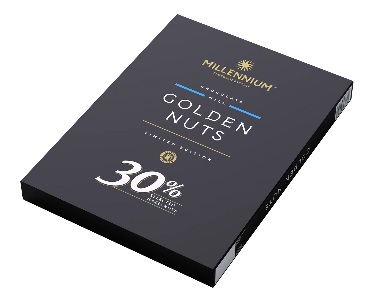 Чорна прямокутна коробка шоколаду Millennium Шоколад "Міленіум" молочний з цільним фундуком з написом Limited Edition та 30% цільного фундука містить золоті, срібні та білі написи на однотонному світлому тлі.