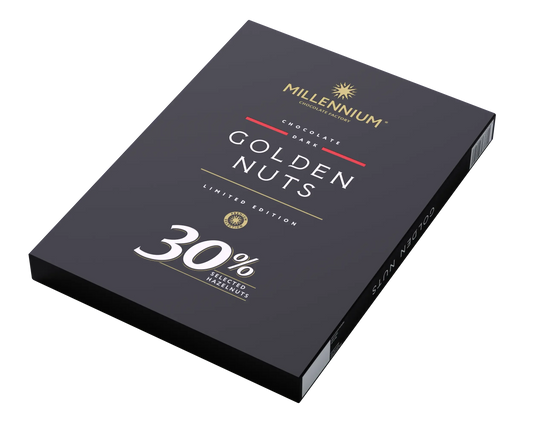 Лімітована чорна коробка Millennium Шоколад "Millennium" чорний з цільним фундуком, 1 кг, 30% цільний фундук, в золотому та білому тексті.