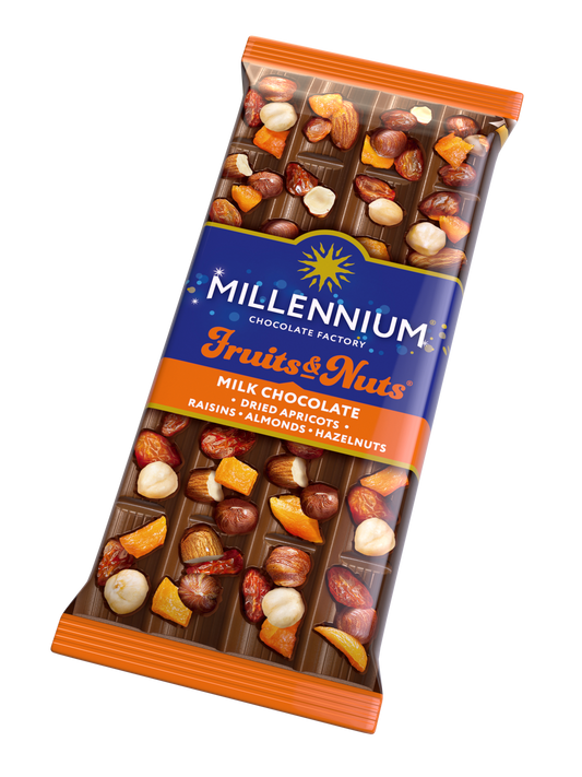 Шоколад молочний «Millennium Fruits&Nuts» — з мигдалем, цілими лісовими горіхами, курагою та родзинками