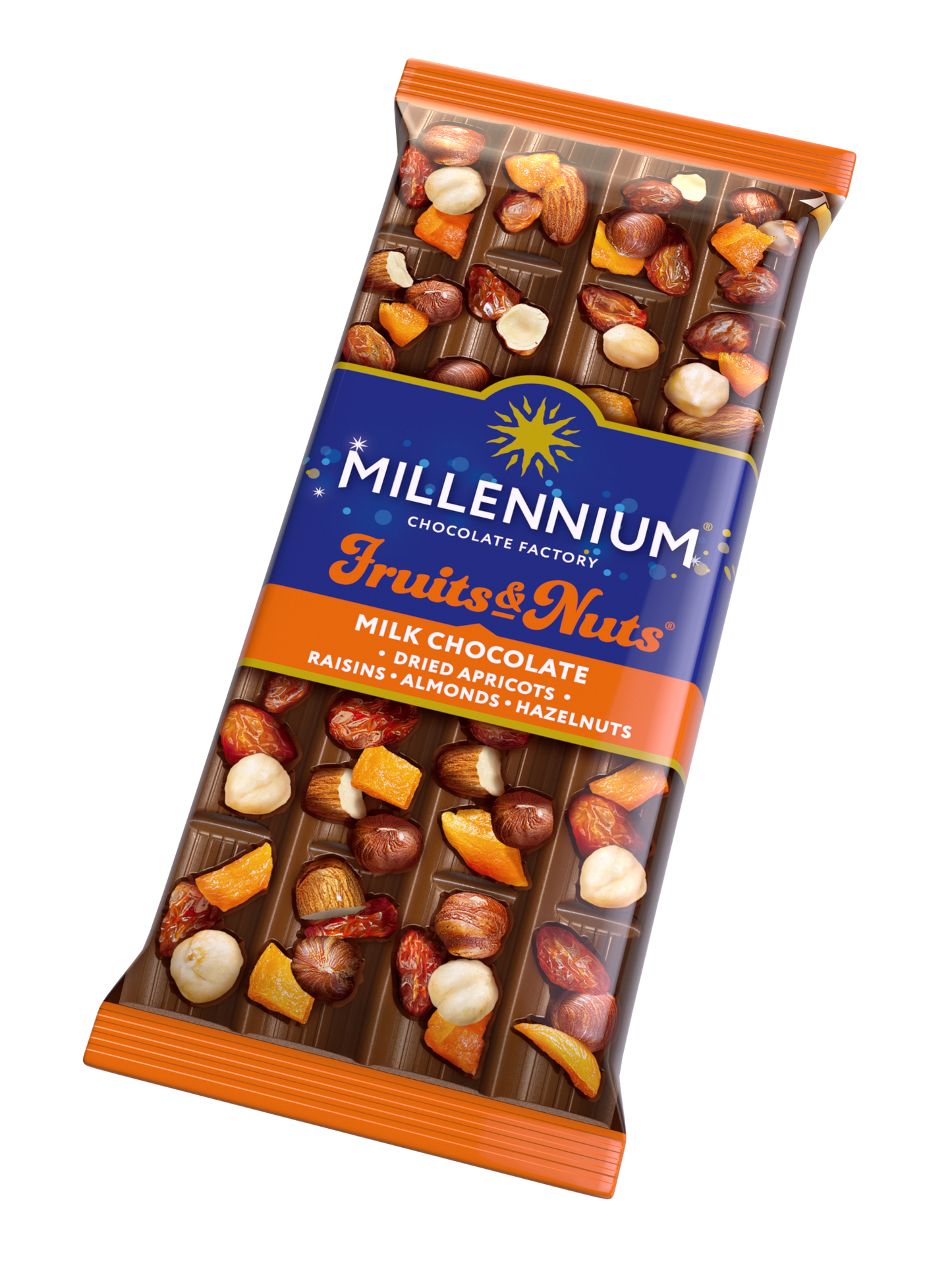 Шоколад молочний «Millennium Fruits&Nuts» — з мигдалем, цілими лісовими горіхами, курагою та родзинками