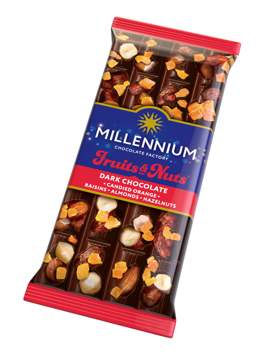 Шоколад чорний «Millennium Fruits & Nuts» — з мигдалем, цілими лісовими горіхами, апельсиновими цукатами та родзинками