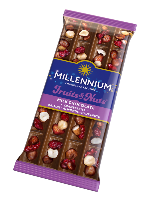 Шоколад молочний «Millennium Fruits & Nuts» — з мигдалем, цілими лісовими горіхами, журавлиною та родзинками