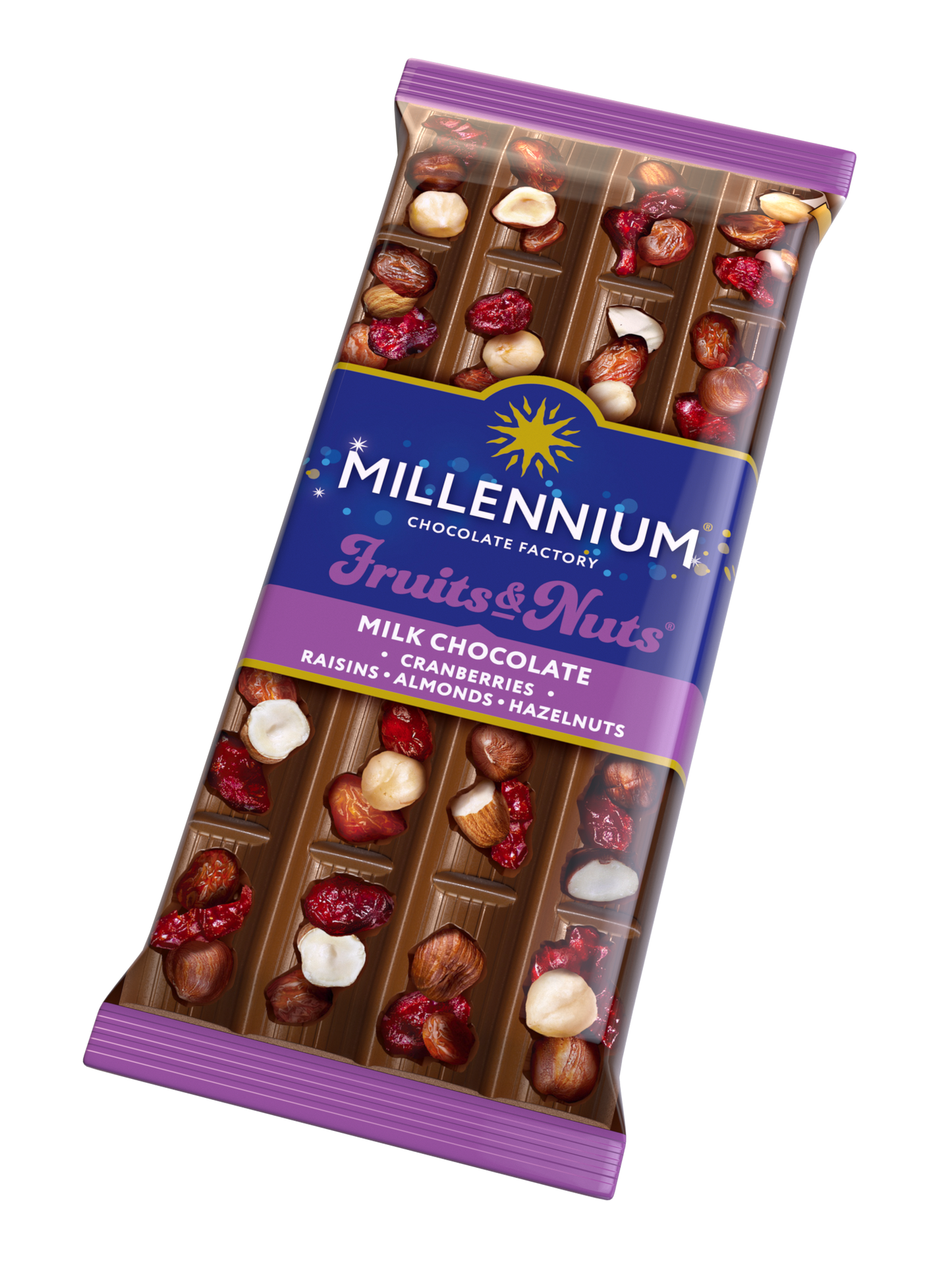 Шоколад молочний «Millennium Fruits & Nuts» — з мигдалем, цілими лісовими горіхами, журавлиною та родзинками