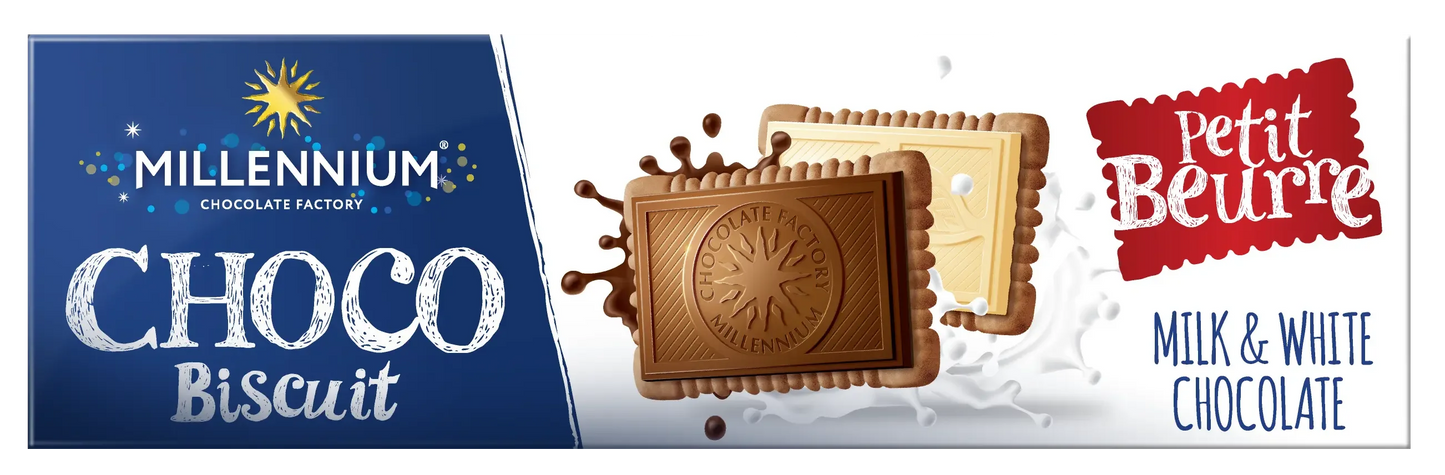 Зображено дві прямокутні плитки Шоколад Millennium Choco Biscuit асорті з печивом - одна з молочним шоколадом, інша з білим шоколадом - разом з упаковкою з написом Millennium.