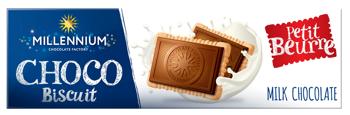 Упаковка Шоколад Millennium Choco Biscuit молочний з печивом 132г від Millennium - це два квадратних печива, що хлюпочуться в молоці, сміливе синьо-біле брендування та червона етикетка Petit Beurre - ідеальний вибір для шанувальників молочного шоколаду.