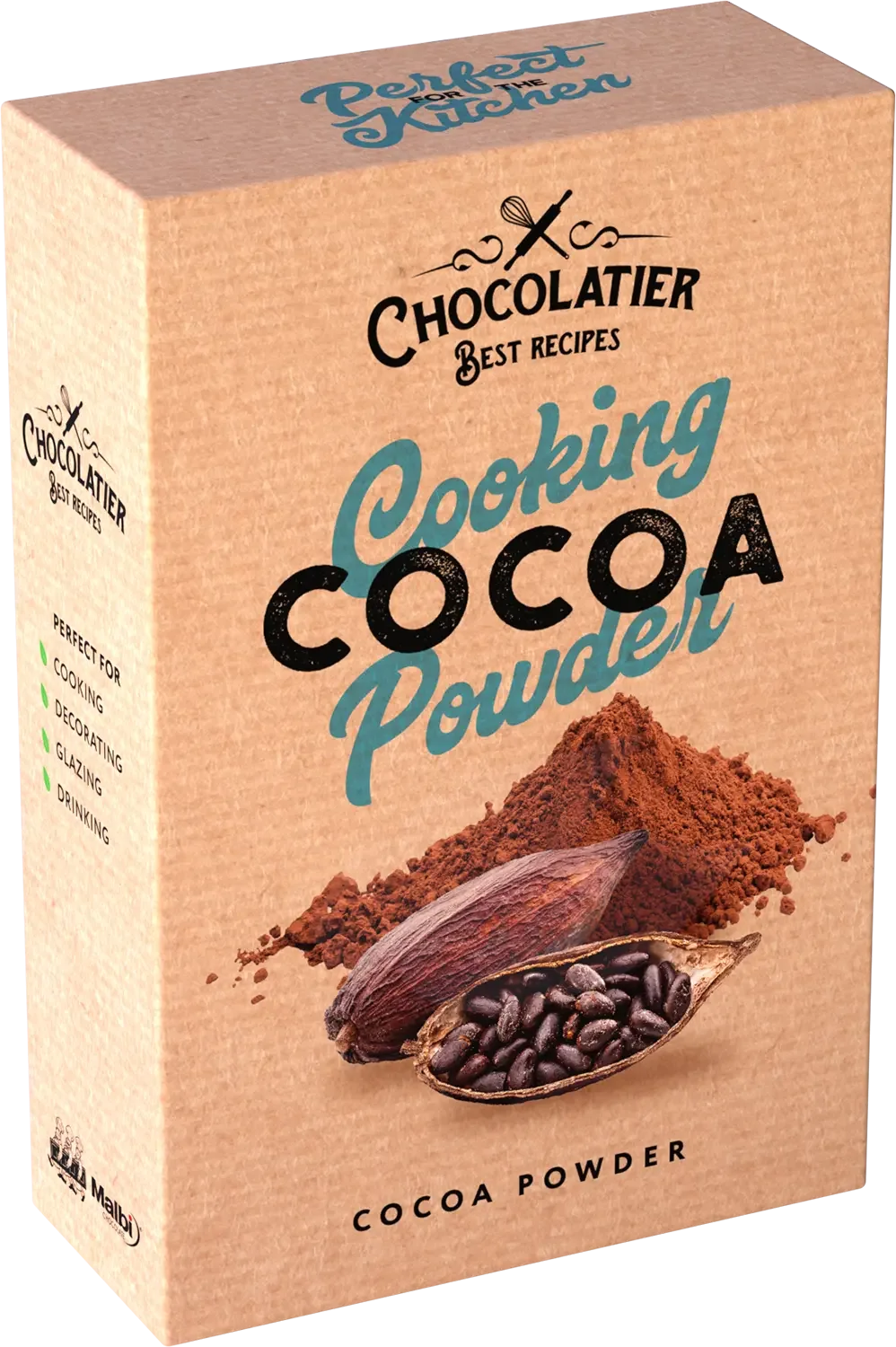 Коробка какао-порошку "CHOCOLATIER" натуральний від Chocolatier із зображенням какао-бобів та какао-порошку - ідеальний варіант для шоколадної випічки, кулінарії, глазурування, декорування або приготування смачних какао-напоїв.