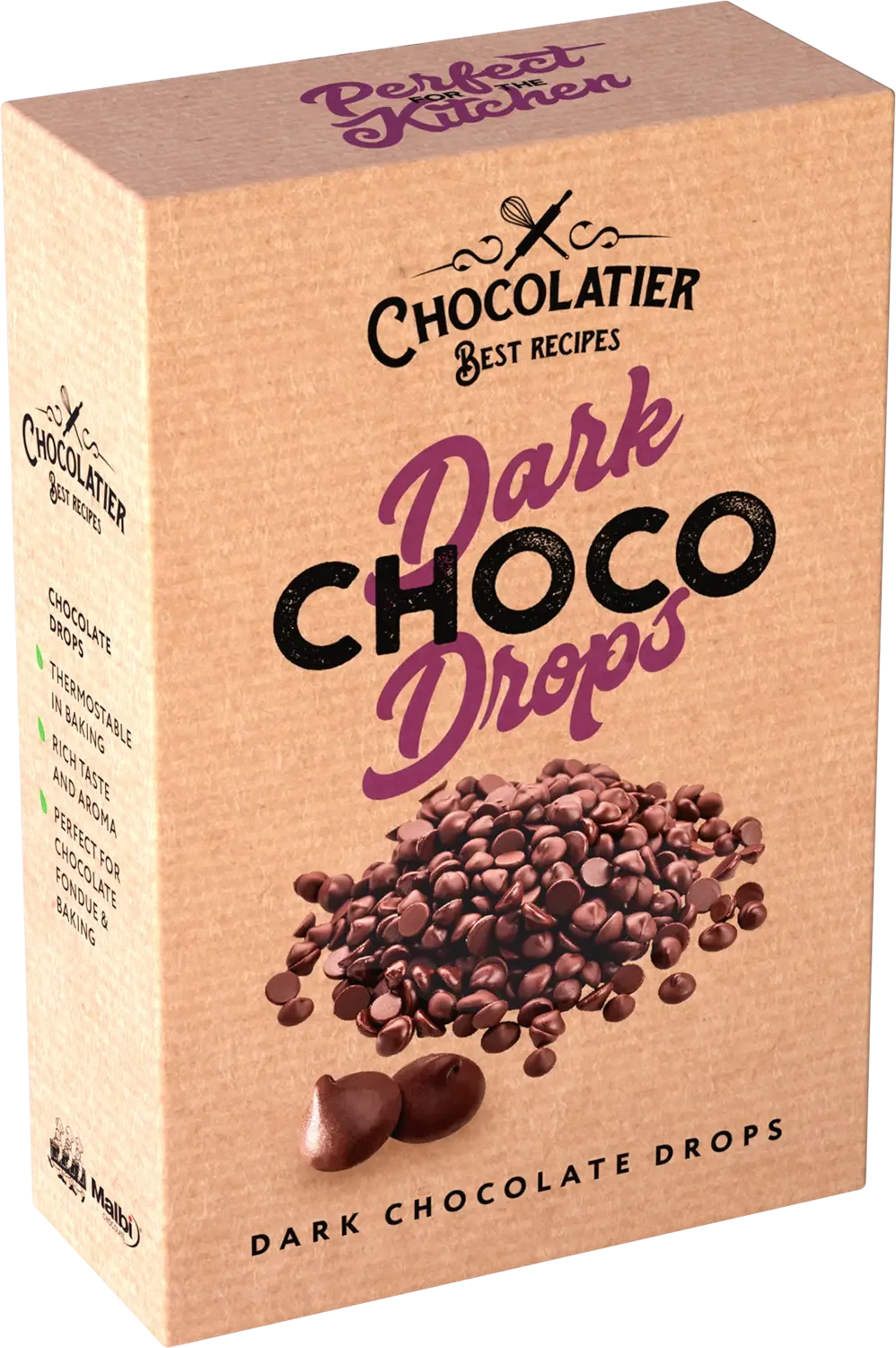 Коробка Шоколад "CHOCOLATIER" чорний у краплях має шоколадні краплі на лицьовій стороні, що демонструють чорний шоколад як ідеальний інгредієнт для випічки, з інформацією про продукт та порадами щодо випічки на упаковці.