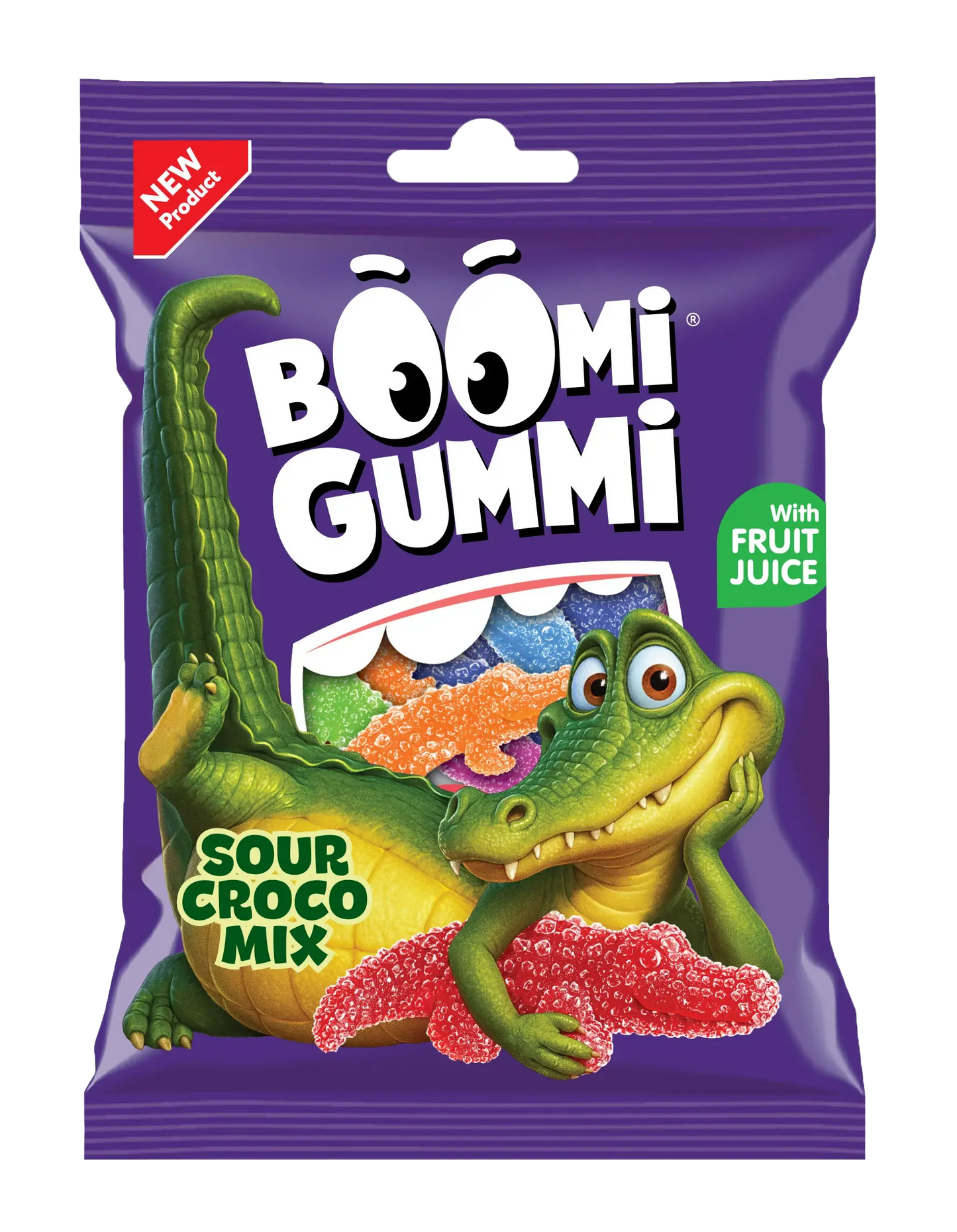 На фіолетовій упаковці цукерок Boomi Gummi Цукерки желейні "Кислий крокодил" зображений усміхнений мультяшний крокодил з червоними жувальними цукерками. На пачці написано "З фруктовим соком" і зображені різнокольорові цукерки у вигляді кислих крокодилів.