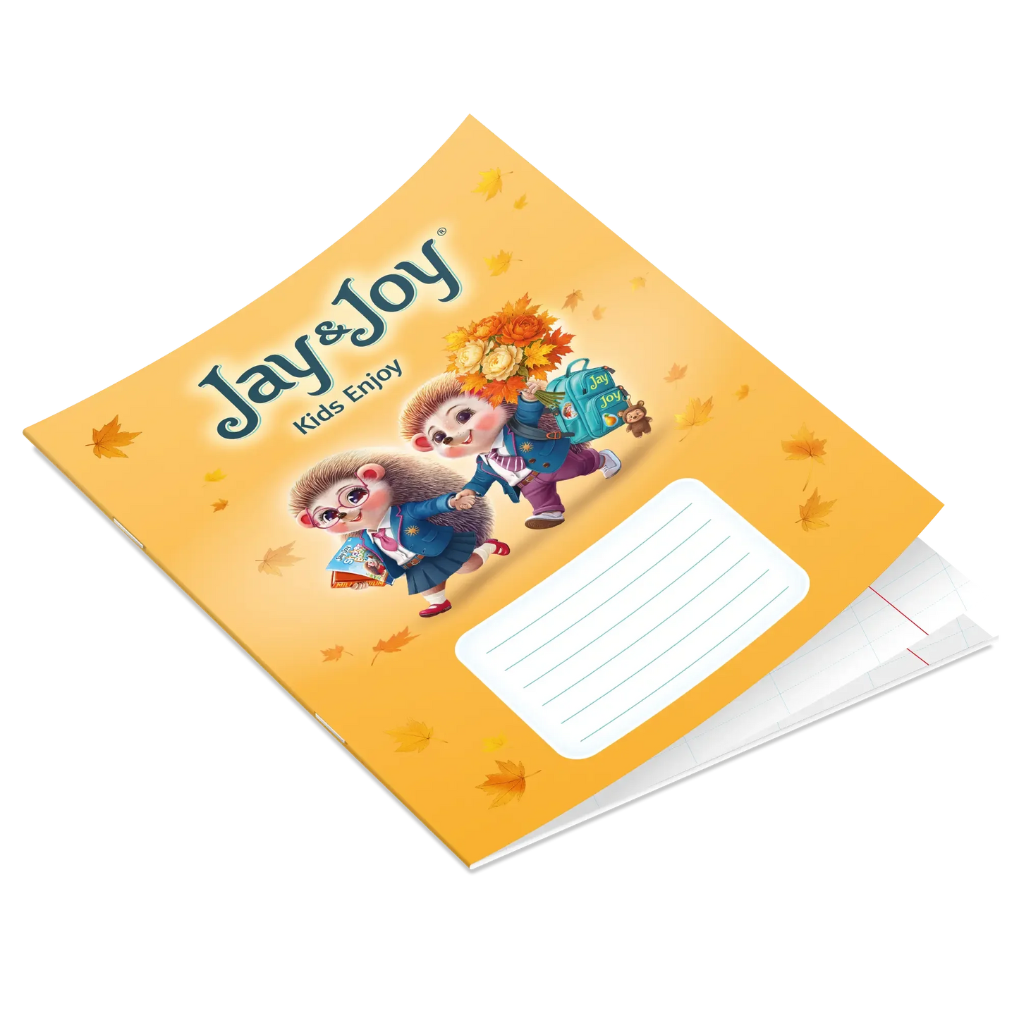 На жовтому зошиті для малювання Jay&Joy "Зошит Jay&Joy 12 аркушів" під назвою "Kids Enjoy" зображено двох мультяшних їжачків у шкільній формі - одного з книжками, іншого з рюкзаком і квітами - серед осіннього листя.