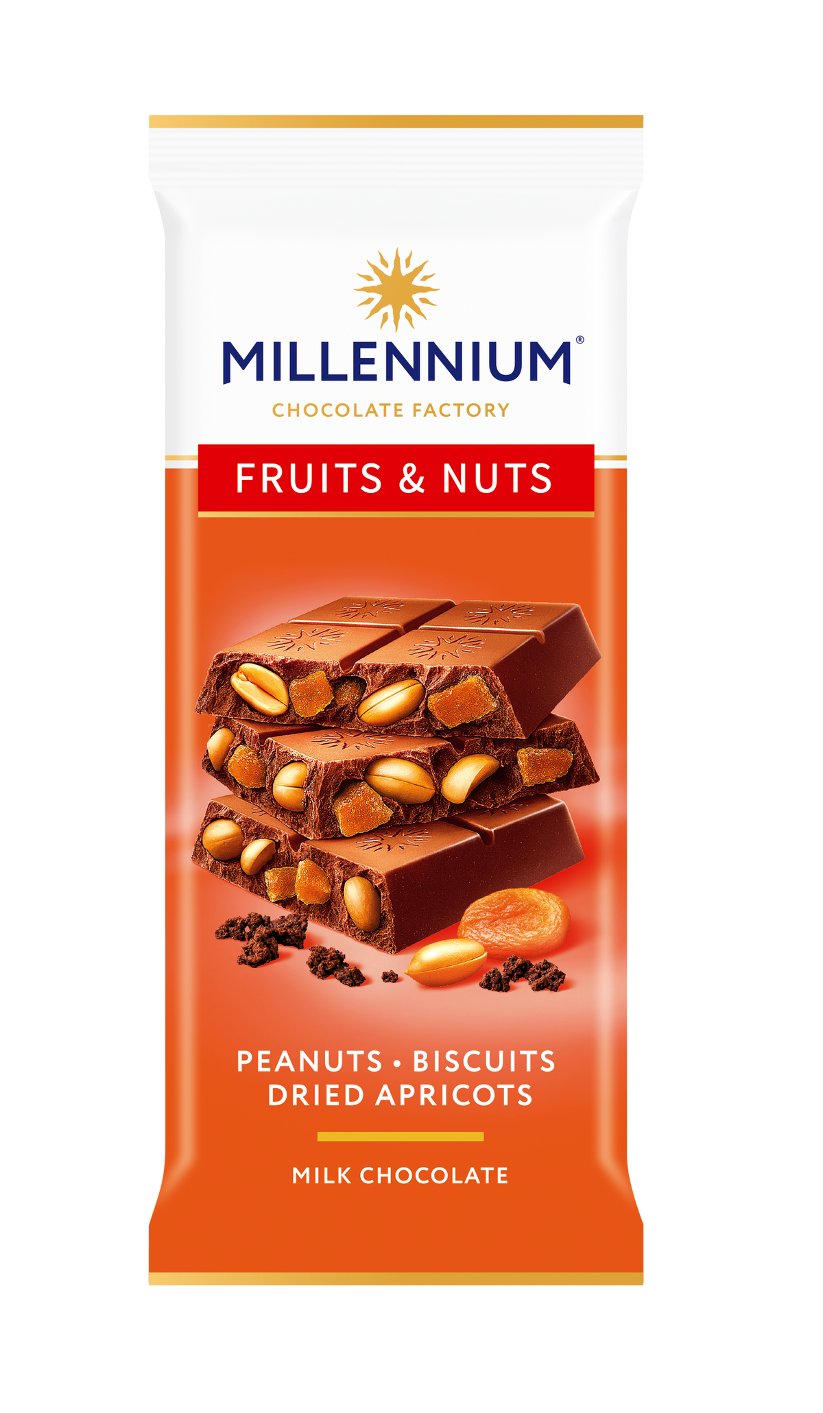 Шоколадний батончик «Millennium» під назвою «Шоколад Millennium Fruits&Nuts з арахісом, бісквітом, курагою та мигдалем 90 г» зображує шматочки молочного шоколаду з начинкою з арахісу, бісквіту, сушених абрикосів та мигдалю, упаковані в яскраву помаранчево-білу упаковку.