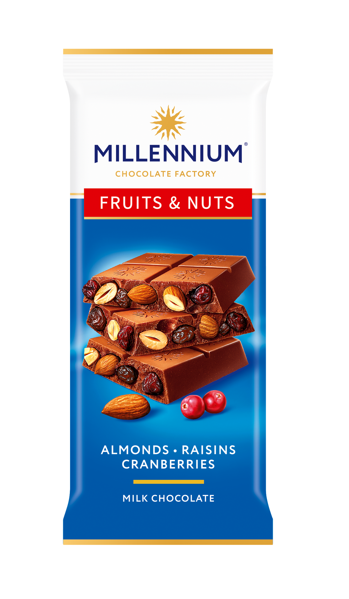 На синьо-білій упаковці шоколаду «Millennium Chocolate» — «Шоколад Millennium Fruits&Nuts» з мигдалем, журавлиною та родзинками, 90 г — розміщено напис «фруктово-горіховий» та зображено шматочки молочного шоколаду з начинкою з мигдалю, родзинок і журавлини. Інформація про продукт розміщена під зображенням шоколаду.