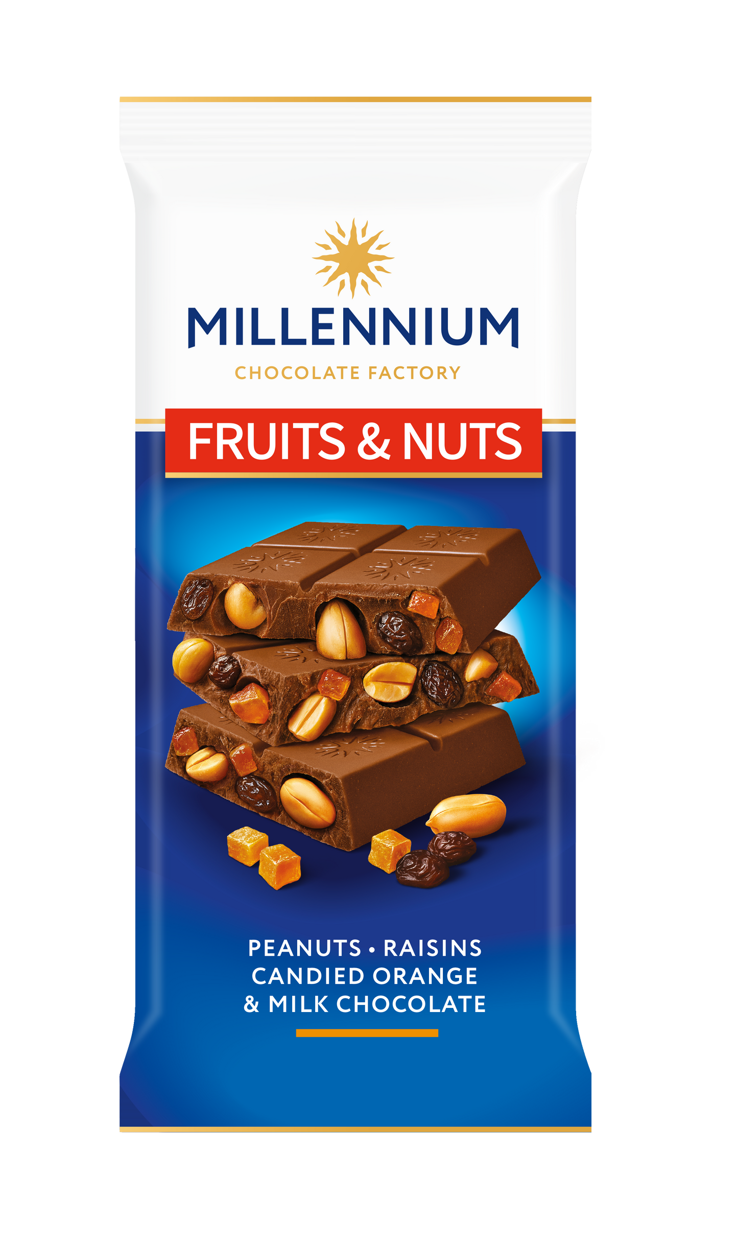 Шоколад Millennium Chocolate Шоколад Fruits&Nuts мол з арахісом, цукатами, родзинками та мигдалем 90г - це молочний шоколад з арахісом, цукатами, родзинками та мигдалем на обгортці.