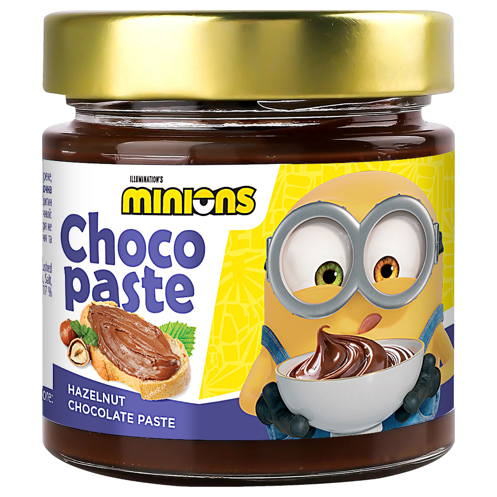 Банка Паста Millennium Minions горіхово-шоколадна, 230 г, з етикеткою, на якій зображено персонажа Міньйон, що тримає миску з кремовою шоколадною пастою.