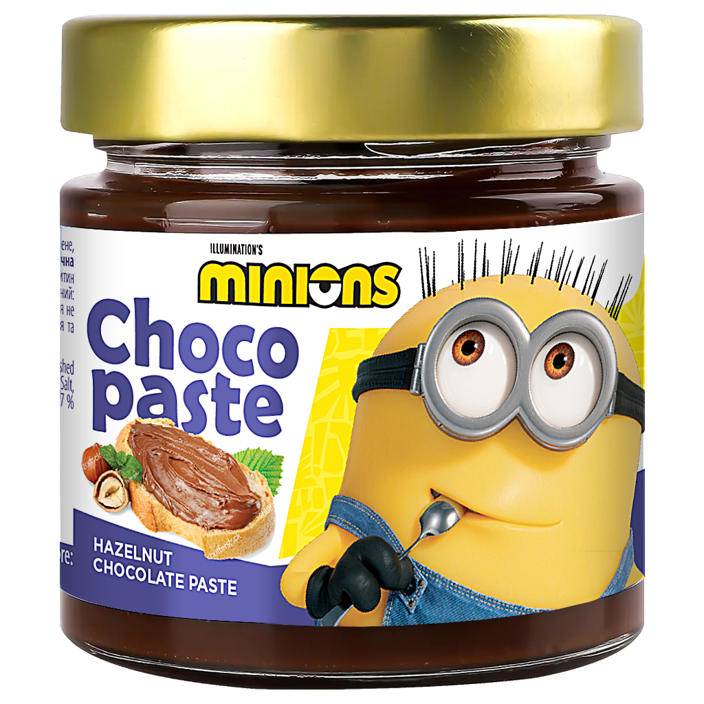 Банка пасти Millennium Minions з горіхово-шоколадним смаком, 230 г, із зображенням персонажа Міньйон на етикетці.