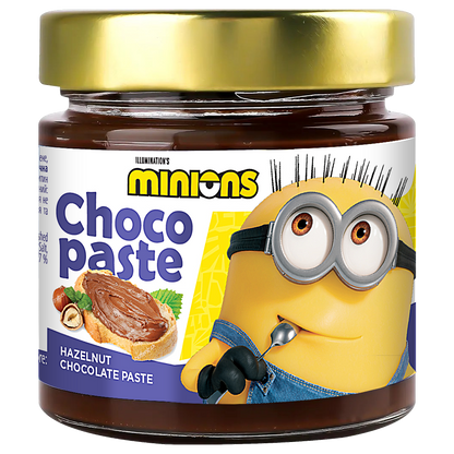Банка пасти Millennium Minions з горіхово-шоколадним смаком, 230 г, із зображенням персонажа Міньйон на етикетці.