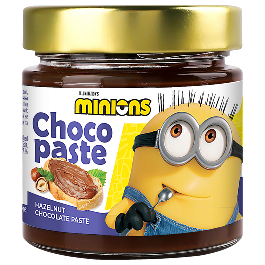 Банка пасти Millennium Minions з горіхово-шоколадним смаком, 230 г, із зображенням персонажа Міньйон на етикетці.