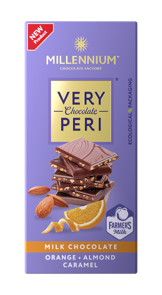 Шоколад «Millennium Very Peri» молочний — з мигдалем, карамеллю та апельсиновою цедрою