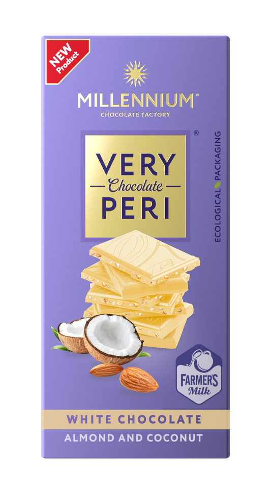 Шоколад “Millennium Very Peri” білий — з мигдалем та кокосовою стружкою