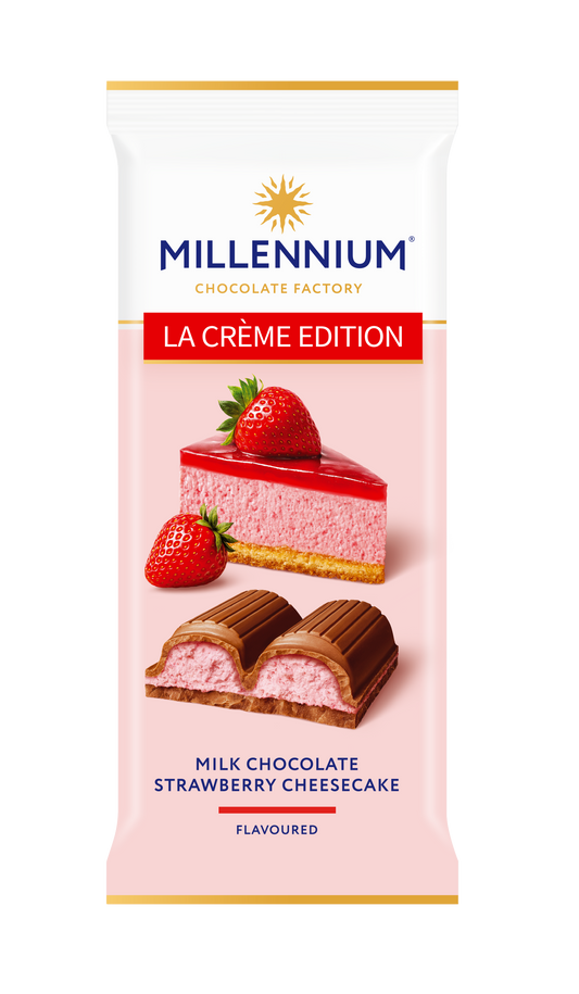 Millennium La Creme Edition milk chocolate with strawberry cheesecake cream filling