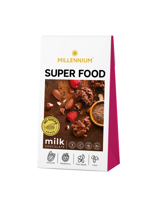 Цукерки шоколадні «Millennium Super Food» молочні — з мигдалем, малиною, льоном та чіа.