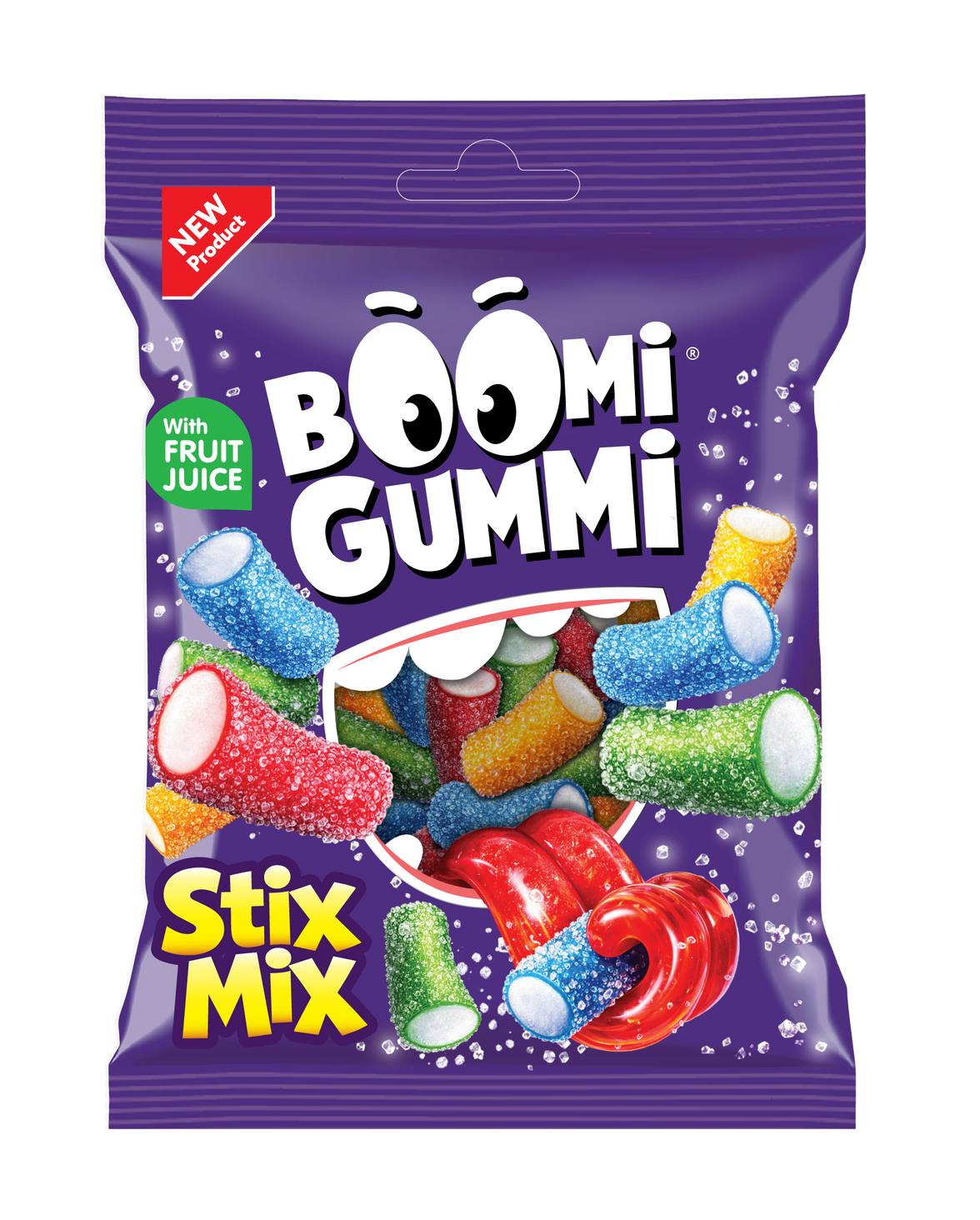 На фіолетовій упаковці Цукерки желейні Boomi Gummi Stix Mix 70г від Millennium Chocolate зображені різнокольорові фруктові палички в цукровій глазурі, які потрапляють до рота мультяшного персонажа. На упаковці є написи "З фруктовим соком" та "Новинка".