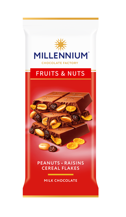 Шоколад Millennium Fruits&Nuts з арахісом, родзинками, зерновими пластівцями та мигдалем, 90 г. На упаковці зображено стос шоколадних квадратиків, прикрашених арахісом, родзинками та зерновими пластівцями.