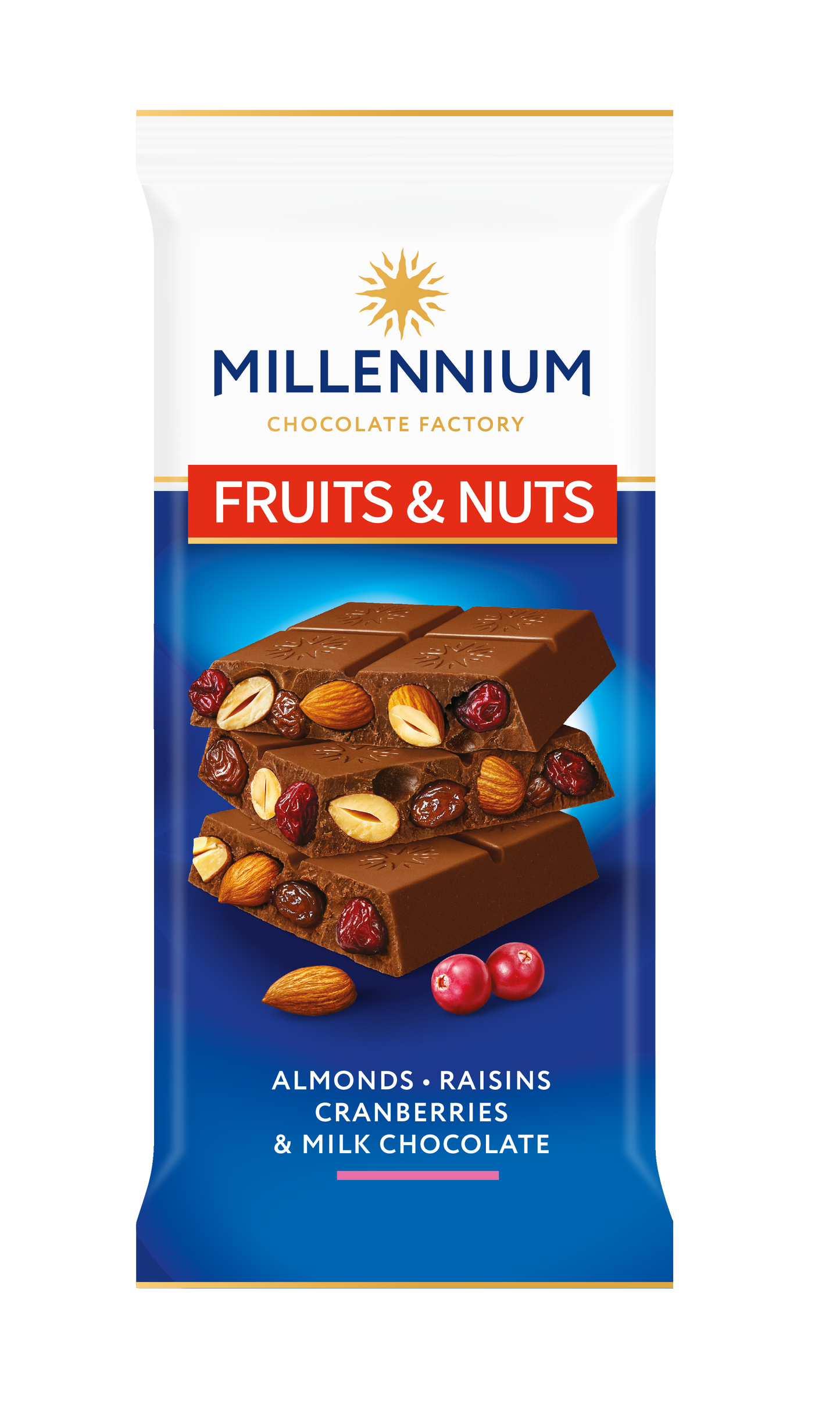 Шоколад Millennium Fruits&Nuts мол з мигдалем, журавлиною та родзинками 90г від Millennium Chocolate з цільовими горіхами та ягодами на зображенні.