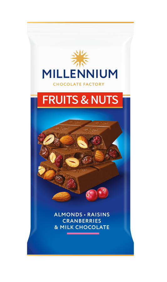 Шоколад Millennium Fruits&Nuts мол з мигдалем, журавлиною та родзинками 90г від Millennium Chocolate з цільовими горіхами та ягодами на зображенні.